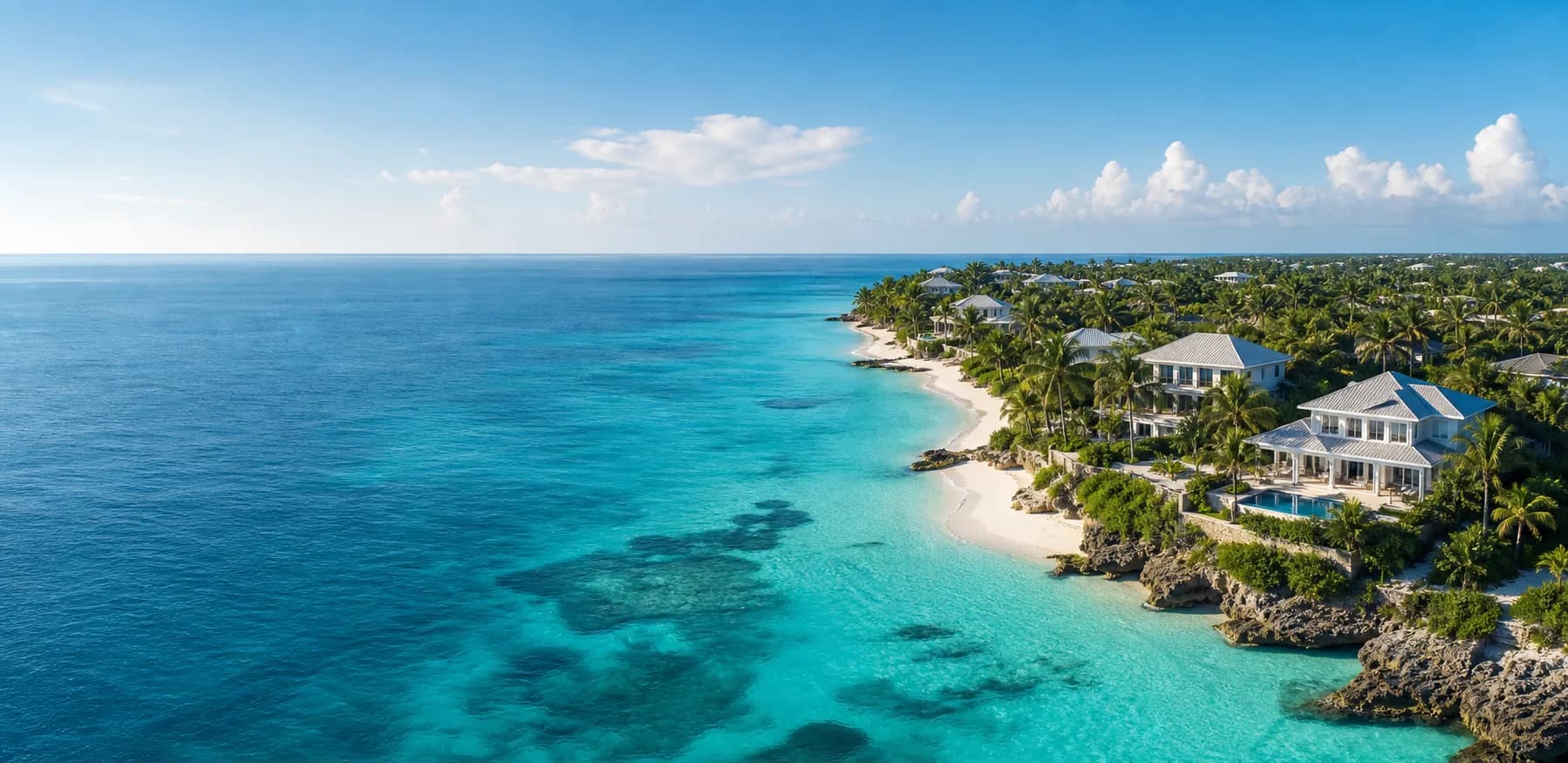 Aerial Cayman coastline and homes