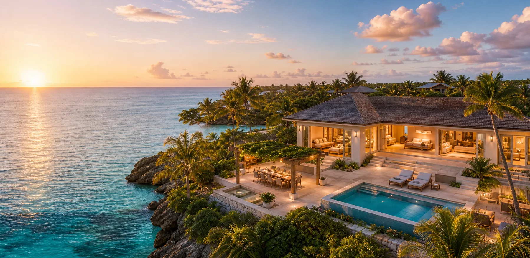 Luxury Cayman investment villa at sunset with pool and shoreline