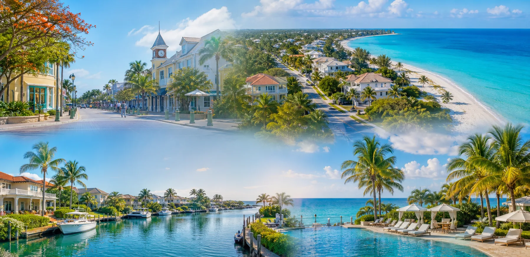 Collage of Cayman town centres, beachfront communities, canal homes, and resorts