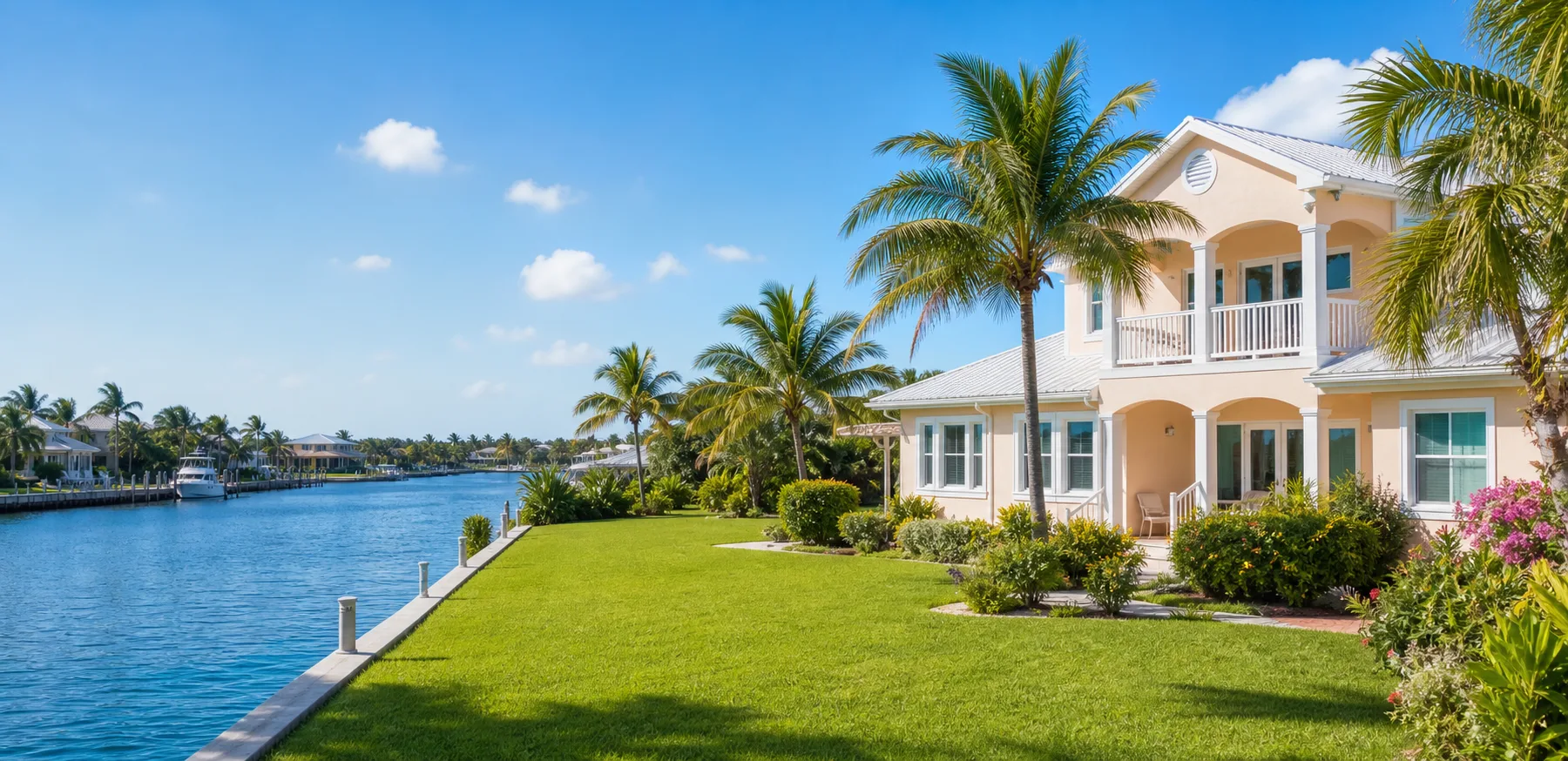 Upscale Cayman family home with canal view and palm trees